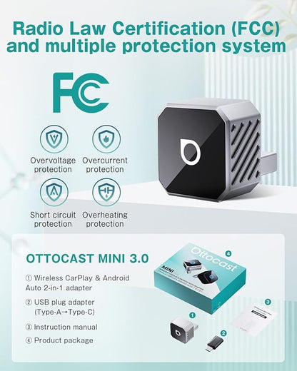 OTTOCAST Mini Cube 3.0 Wireless Carplay Adapter & Android Auto Wireless Adapter Silver (2-in-1) – Plug & Play for iPhone & Samsung/Android Phones, Two Phones Memory, Auto-Reconnect, Stable 5GHz WiFi