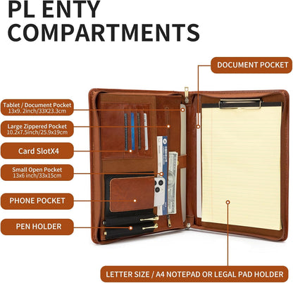 Handmade Vintage Crazy Horse Leather Portfolio Letter (A4) Size Notepad,Business Organizer Padfolio with Handle, for iPad Pro/Microsoft Surface Pro/13 inch Tablet (Non-Custom, Oil Wax-Brown)