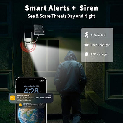 Solar Camera Outdoor Wireless, Wi-Fi Security Cameras for Home, 360° View, Two-Way Talk, Auto Tracking, Light Alarm, Color Night Vision