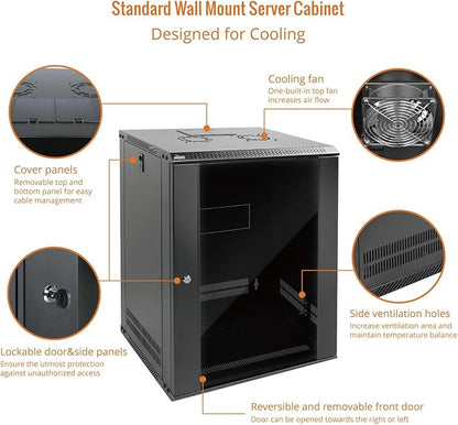 Tecmojo 15U Wall Mount Rack Network Cabinet for 19" IT Equipment,with Lockable Glass Door and Side Panels,Cooling Fan,17.7inch Depth,Black (15U)