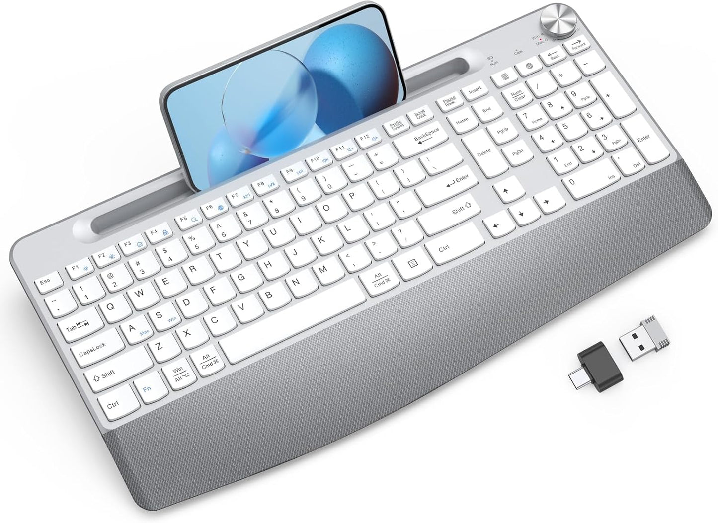 Ergonomic Wireless Keyboard with Wrist Rest-Low-Profile,Phone/Tablet Holder,Quiet Design，Windows & Mac OS，Full Size Cordless USB Computer Keyboard for Desktop,Laptop, PC, Mac, Windows-White