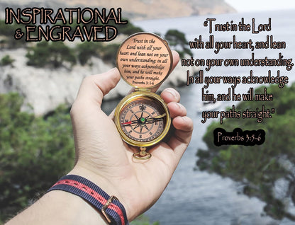 Trust in The Lord With All Your Heart - Proverbs 3:5-6 Quote Engraved Compass With Wooden Box, Greeting Card, Gift Compass, Graduation Day Gifts 2024 for Women Men Boys Girls