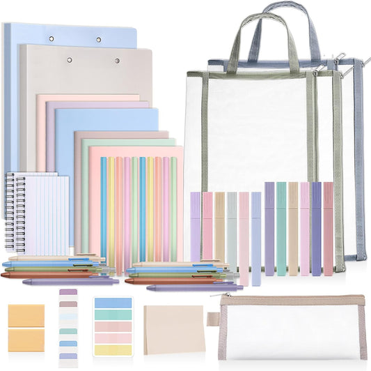 Colarr 54 Pieces Aesthetic School Supplies Including Pastel Highlighters Document Bags Pencils Notebooks Pencil Pouch Ink Pens Sticky Notes Erasers Back to School Gift Stationary Kit Supplies(Morandi)