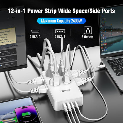 Power Strip Surge Protector with Multiple Outlets, Charging Station(100W Max), Flat Plug Extension Cord 10 Ft Long Cord, 8 Outlets & 4 USB Ports (2 USB C), Desk Charging Station for Home Office