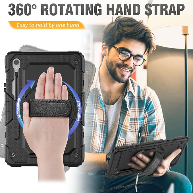 HXCASEAC Case for Samsung Galaxy Tab S10 Lite / S10 FE / S9 FE 5G 10.9 inch, Shockproof Design with Screen Protector/Hand Strap/S Pen Holder, Protective Samsung Galaxy S10 Lite Tablet Case, Black
