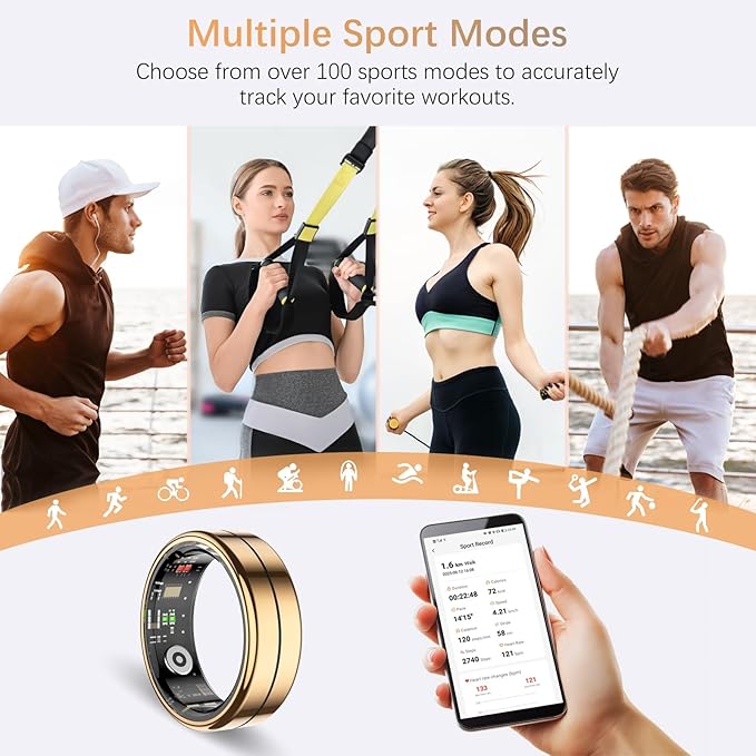Fit Ring, Smart Health Rings for Women Men with Heart Rate,Blood Oxygen,HRV,Stress Level, Sleep Monitor, Step Tracker, No Subscription Fee, IP68 Waterproof Smart Ring for iphone &Android (Gold, 8#)