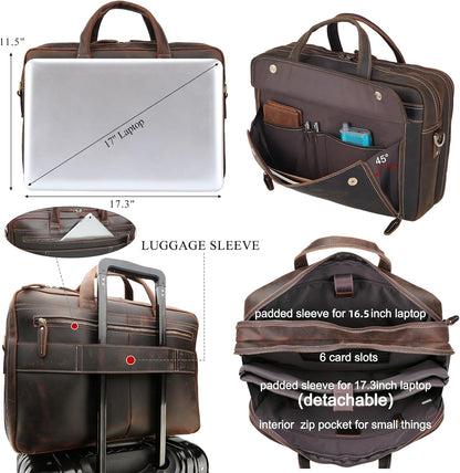 Masa Kawa Leather Briefcase for Men 15.6", 17" Laptop Computer Case Business Travel Work Messenger Cross Body Shoulder Bag