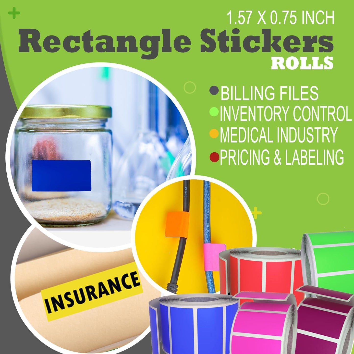 Neon Red Sticker Label Rolls 1.57" x 0.75", 5 Rolls- 2500-Pack, Rectangular Easy Write Labels 40mmx19mm by Royal Green