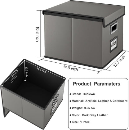 Huolewa Faux Leather File Organizer Box with Lid, Collapsible Hanging File Folder Box Organizer with Plastic Slides, Decorative Home/Office Filing System Boxes for File and Folders Storage