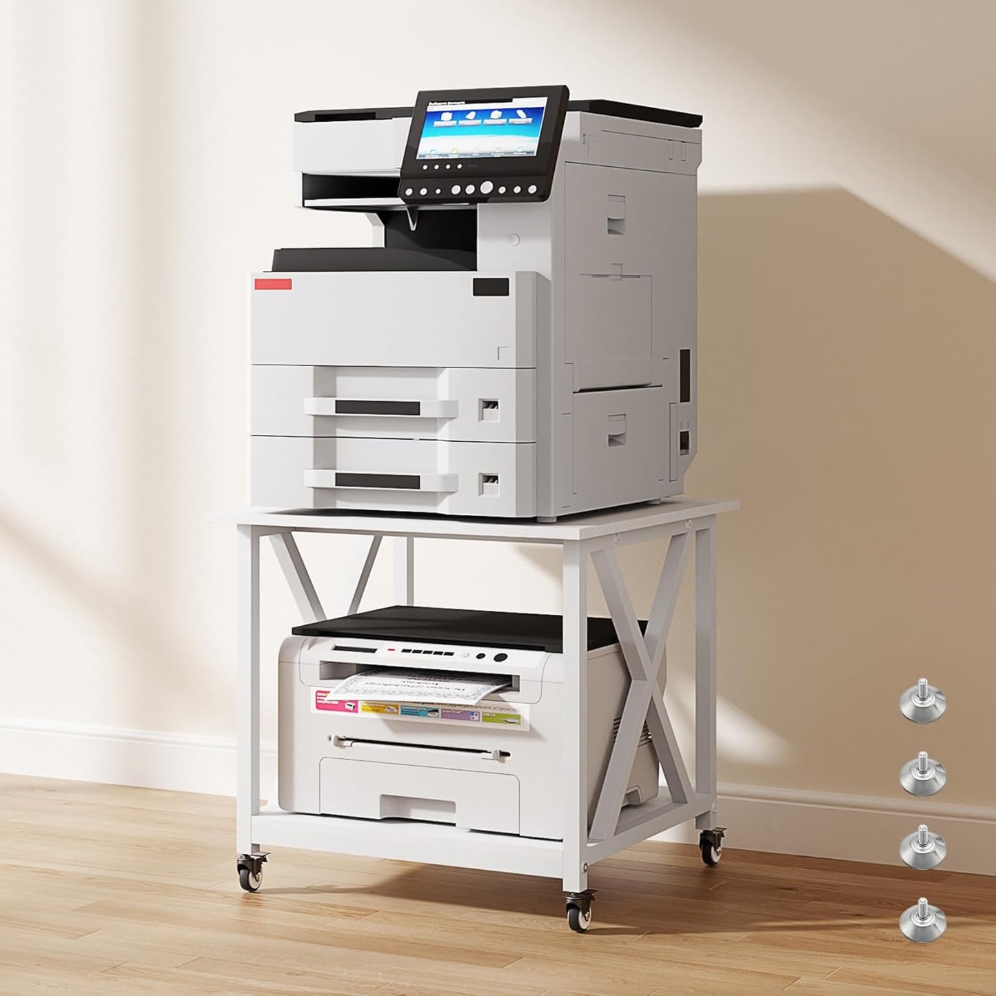 2 Tier White Printer Stand, 23.6 x 23.6 Inches Large Printer Table with Storage Shelf, Rolling Printer Cart with Wheels, Mobile Table for Home Office (White)