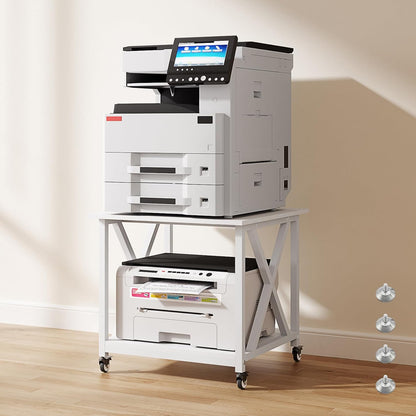 2 Tier White Printer Stand, 23.6 x 23.6 Inches Large Printer Table with Storage Shelf, Rolling Printer Cart with Wheels, Mobile Table for Home Office (White)