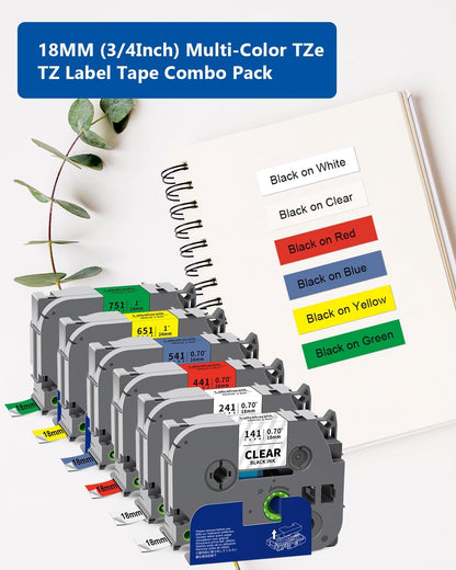 6-Pack TZ 18mm 0.7 Inch Laminated Multi Color Compatible for P Touch Label Tape TZe-141 241 441 541 641 741 for Ptouch PT-D400 PTD410 D610BT D600, Clear/White/Red/Blue/Yellow/Green