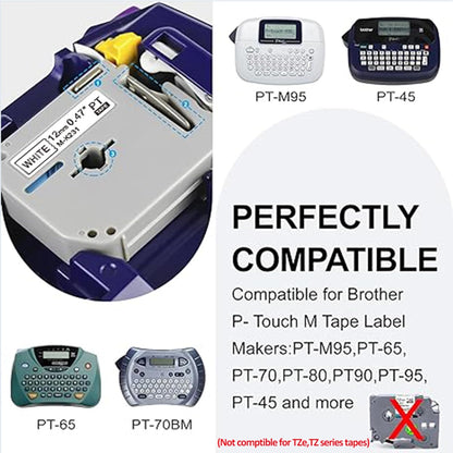 8 Pack M-K231 M Tape 12mm Compatible with M-K231s Brother Label Tape Black on White 0.47 Inch Tape for P Touch PT-M95 PT95 PT65 PT-65 PT70 PT85 PT90 Label Maker Tape Refill
