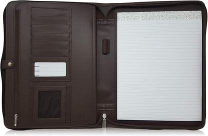 Dark Brown Zippered Portfolio Binder - PU Leather Business Portfolio Organizer - Padfolio for Men & Women with US Letter Notepad, 10.5 Inch Tablet Pocket & Gift Box by Lautus Designs