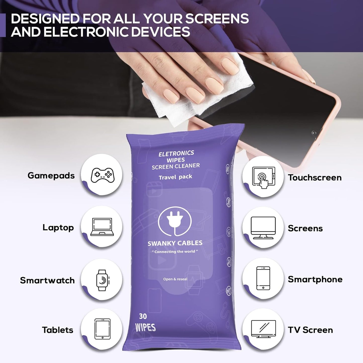 Swanky Wipes: Screen Cleaner Wipes - Electronics, Computer, TV, Laptop Monitor & Lens Cleaner, Travel Size Cleaning Wipes for Home, Office & On-the-Go, Includes Microfiber Cloth - Soft Wipes, 90 Count
