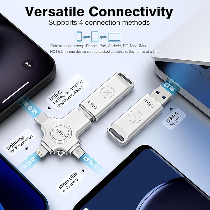 iDiskk 128 GB Auto-Secure-Backup USB Flash Drive Thumb Drive - iPhone Memory Storage to Transfer & Backup Photos, Videos,Photo Stick for iPhone,iPad, Android, Mac & PC