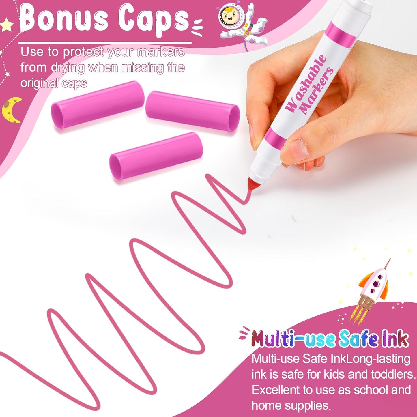 Janlaugh 60 Pcs Pink Washable Markers Bulk Coloring Broad Line Markers for Kids Conical Tip Pink drawing pens for Classroom Back to School travel Art baby shower gender reveal Supplies, Ages 6+