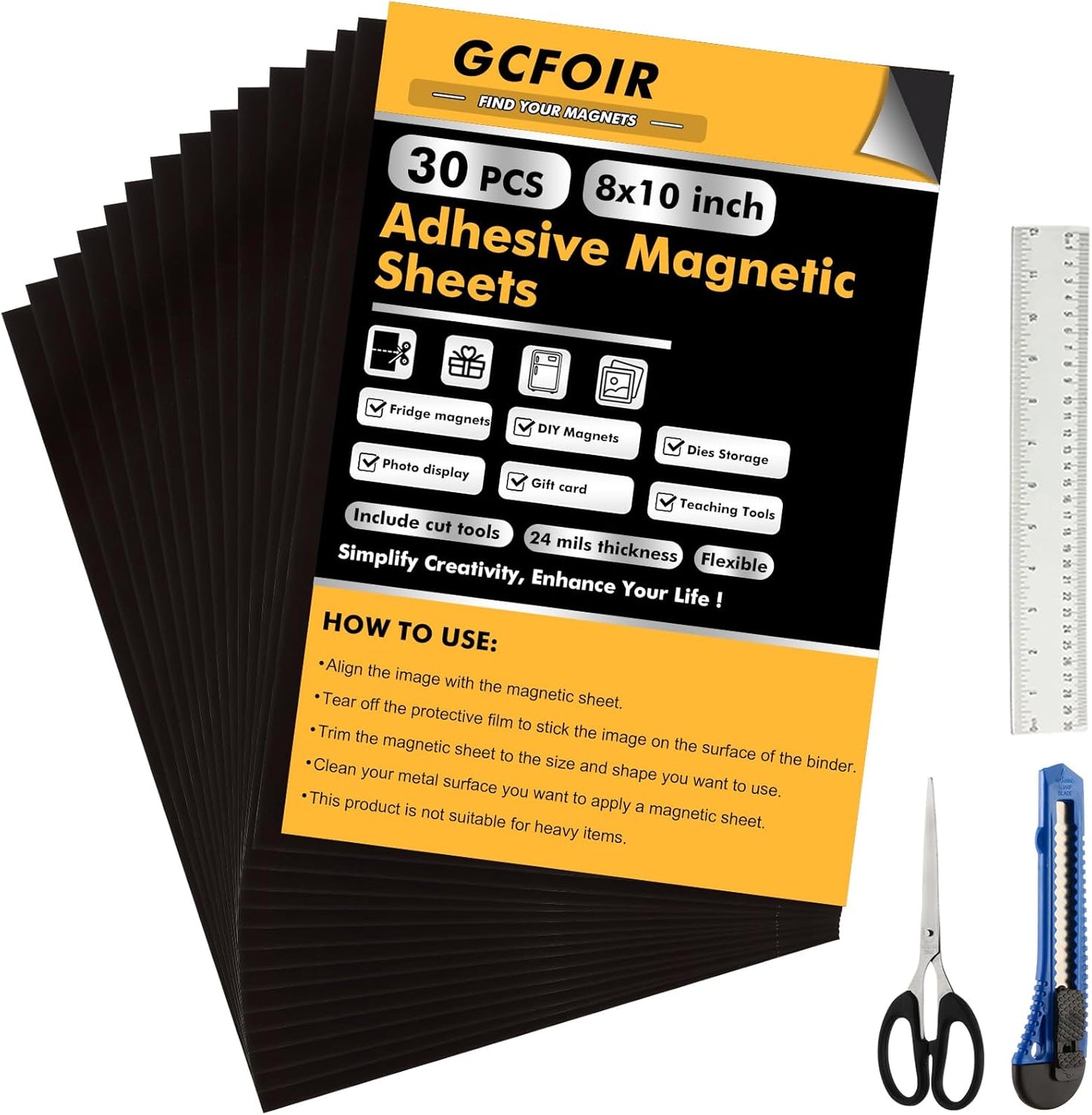 Adhesive Magnetic Sheets 8 x 10 Inch, 30 Packs Magnetic Sheets with Adhesive Backing - 0.5mm Thickness Flexible Magnet Sheets for Dies Storage, Craft Projects, Photos, School, Office