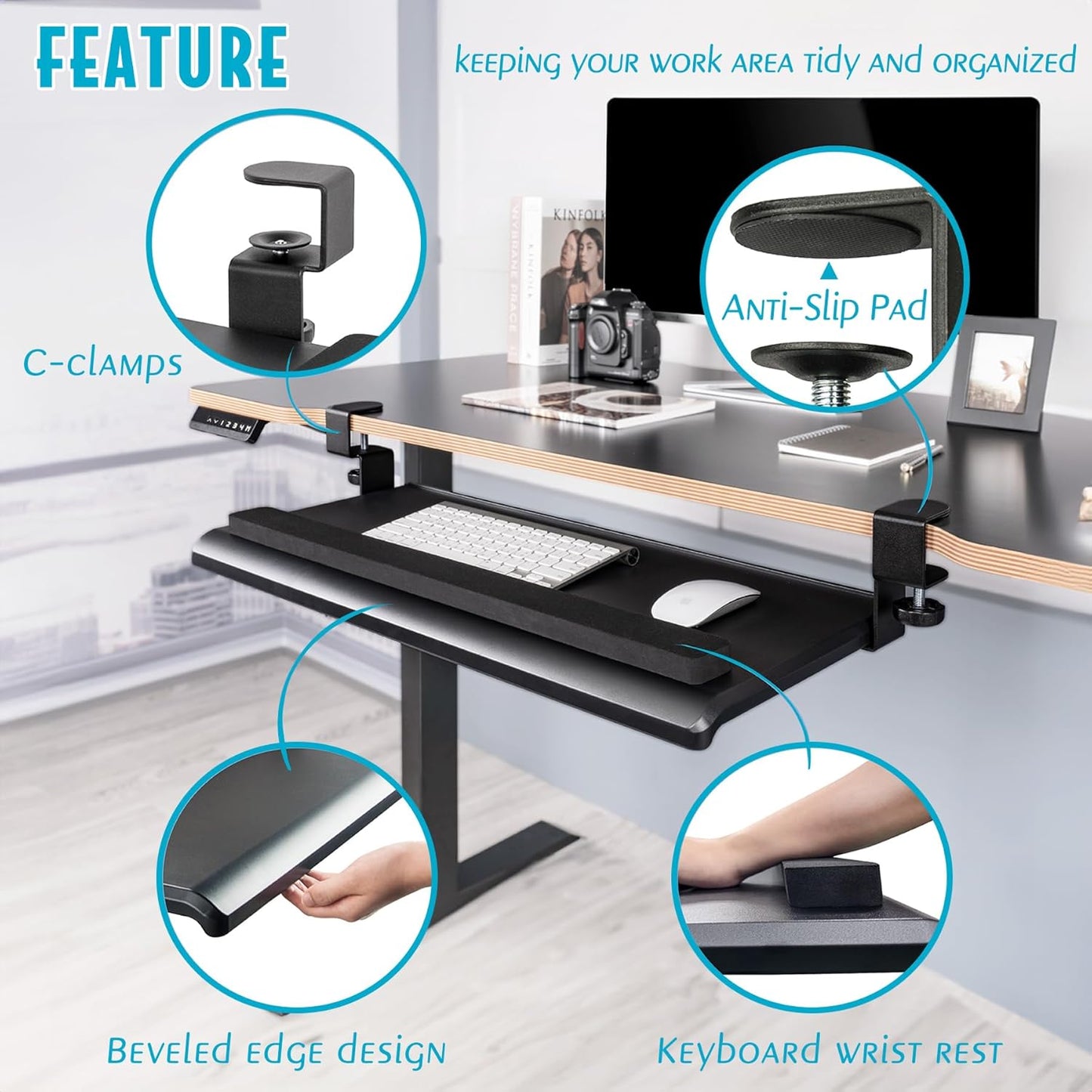 EHO Large Ergonomic C-Clamp Keyboard Tray Mount Under Desk with Wrist Rest, Slide-Out Platform 27.5" (31.8" Including Clamps) x 12.5", Pull Out Keyboard & Mouse Tray for Home or Office, Black