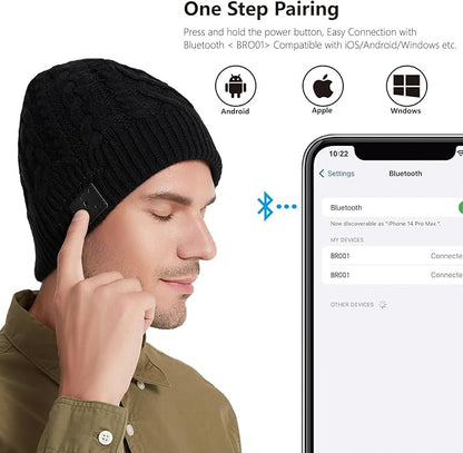 Bluetooth Beanie, Bluetooth 5.2 HD Stereo,30 Hours Play time,Built-in Microphone, Men's/Women's Christmas Electronic Gift (Black)