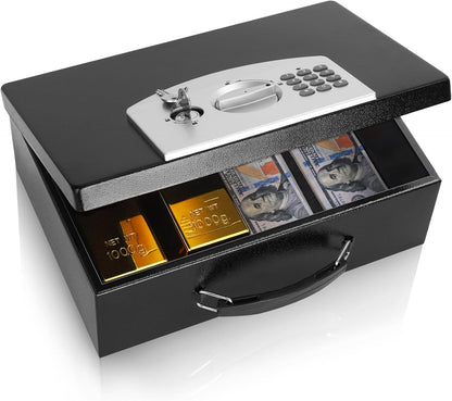 Dalmbox Portable Metal Safe Box with Digital Code Lock,Fire Resistant Storage for Documents, Fireproof Safe Box, Car, Home, Office and Outside, Black Box， Medium