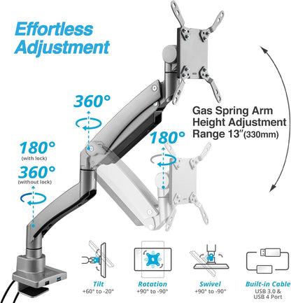 AVLT Single 17"-57" Super Ultrawide Monitor Arm for Screens Up to 59.5 lbs, Premium Aluminum Desk Stand, Adjustable Pneumatic Height, Full Motion Swivel Tilt Rotation, USB-C & USB-A Ports, Gray