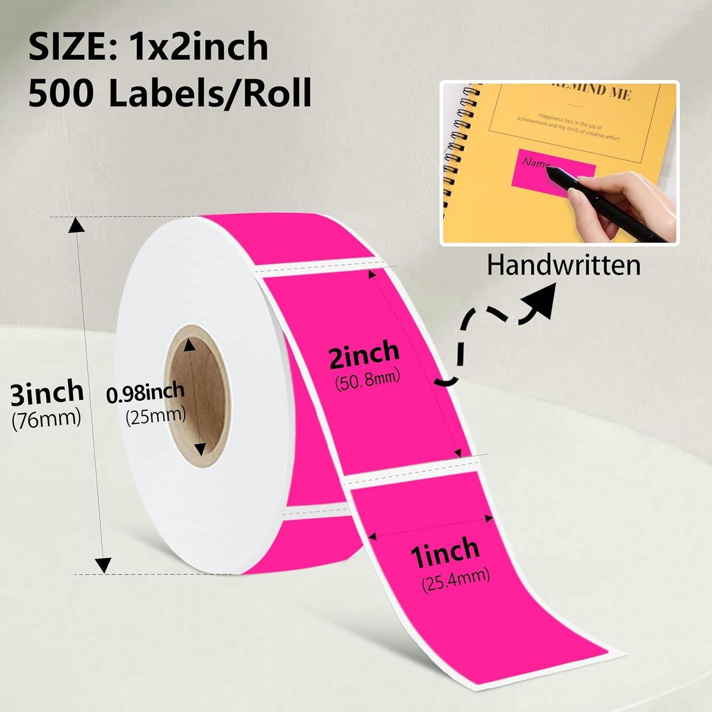 1X2 inch Label Stickers Roll for Thermal Printer 500PCS Colored Removable Freezer Labels Waterproof Blank Sticker Labels to Write on for Food Containers and Jars, Fluorescent Pink
