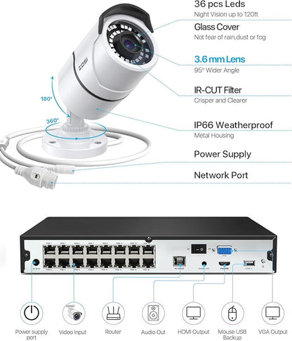 ZOSI 4K 16CH PoE Home Security Cameras System with 4TB Hard Drive,H.265 8MP 16 Channel CCTV NVR,12pcs 5MP Outdoor PoE IP Cameras,120ft Night Vision,Motion Detection,Remote Access,for 24/7 Recording