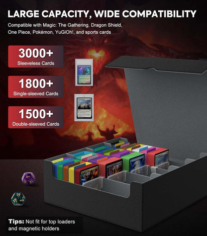 MoKo Trading Card Storage Box, 3000+ MTG Deck Box with 24 Colorful Dividers & 4 Card Supporters, Commander Card Deck Case Fits for Magic Game Cards, YugiOh, TCG, PTG and Sport Cards, Black Grey