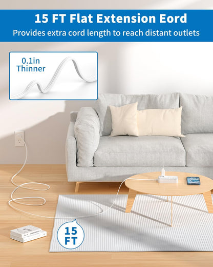 Flat Extension Cord 15 ft, NTONPOWER Surge Protector Power Strip with 6 Widely Outlets 4 USB Ports(2 USB C), Flat Plug, Wall Mounted, Side Outlet Extender for Indoor, Home Office, Dorm Room Essentials