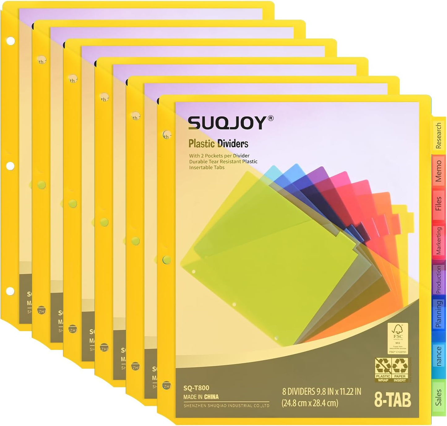 8-Tab Dividers for 3 Ring Binder, 48 Count Binder Dividers with Pockets, Subject Dividers, 3-Hole Plastics Sheets Protectors for US Letter Size in 0.5", 1",2" Binders, Vibrant 8 Color, 6 Packs