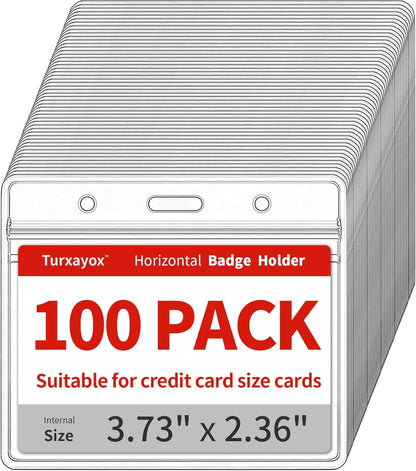 100 Pack Horizontal Clear ID Badge Holder, Plastic Name Badge Holders, Key Card Protector Cover Sleeve with Waterproof Resealable Zipper for Nurses Lanyard, Work I'd