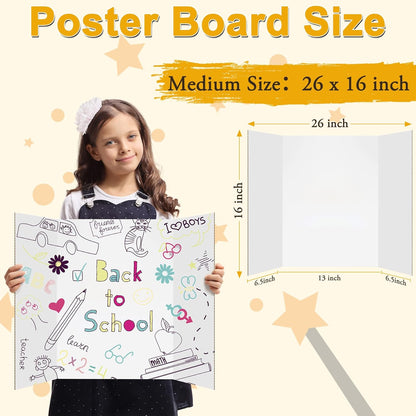4Pcs Medium Trifold Poster Board, 26 x 16 Inches White Tri Fold Poster Boards Corrugated Presentation Cardboards for Science Fair, School Projects, Exhibitions, and Business Presentations