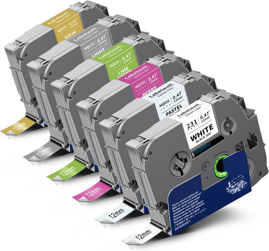 6-Pack 12mm 0.47 Laminated Multi Color Compatible for TZe-231 TZe231 MQ531 MQP35 MQG35 MQL35 MQ835 TZ Tape for P Touch PT-H110 D210 D220 D400, White/Blue/Blue/Green/Sliver/Gold