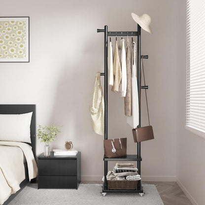 Coat Rack Freestanding Clothing Rack with Wheels & 2 Shelves Storage & 5 Hooks Heavy Duty Clothes Rack Wood Coat Tree Stand Hat Hanger Rack for Corner Bedroom Entryway Living Room Hotel