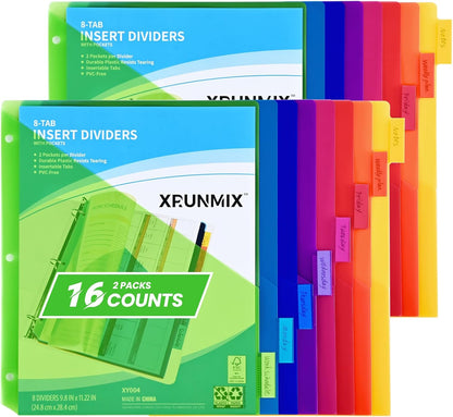 8-Tab Binder Dividers - Index Pockets Divider for 3 Ring Binders, 3-Hole Plastics Sheets Protectors for US Letter Size in 0.5'', 1'', 2'', 3 inch Binders, 8 Colors (XY004) (2 Packs)