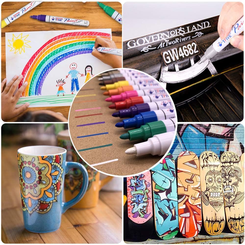 TFIVE Paint Markers Pens Set, 28 Color Oil-Based Permanent Paint Marker, Medium Tip, Quick Dry and Waterproof Pen for Rock Painting, Ceramic, Wood, Fabric, Plastic, Canvas, Glass, Mugs