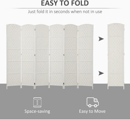 HOMCOM Room Divider, 6 Panel Folding Privacy Screen, 6FT Tall Portable Wicker Weave Partition Wall Divider for Bedroom, Home Office, White