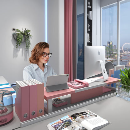 WESTREE Dual Monitor Stand Riser, Wood and Steel Monitor Stand Riser, Computer Monitor Stand for 2 Monitors, Multi-Purpose Desktop Storage Stand for Computer,Laptop,Printer,TV