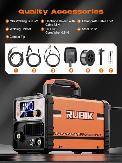 140A Gasless Mig Welder,110V FLUX MIG/ARC/Lift TIG Welding Machine,3 in 1 Mig Welder with Synergy and IGBT Inverter,110V Flux Core Welder with LCD Display