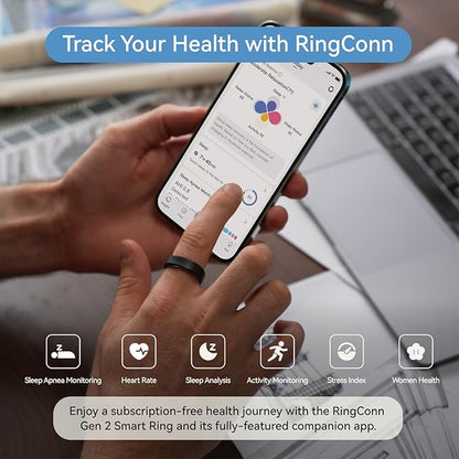 RingConn Gen 2, World’s First Smart Ring with Sleep Apnea Monitoring, No APP Subscription, 12-Day Battery Life, Stress/Heart Rate/Women's Health Tracker, Android & iOS Compatible (Black, Size 14)