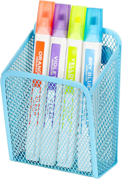 LUCYCAZ Magnetic Pen Holder - Single Magnetic Pencil Locker Holder Organizer, Blue Mesh Marker Holder Pen Basket for Whiteboard, Refrigerator and Locker