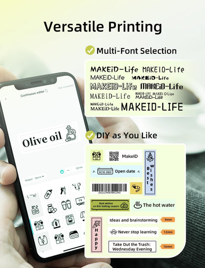 Makeid L1 Label Maker Machine with Tape - Portable & Rechargeable Label Makers Compatible with 9 12 16mm Waterproof Tape - Mini Bluetooth Labeler for Organizing Office Home School (Green Tape)