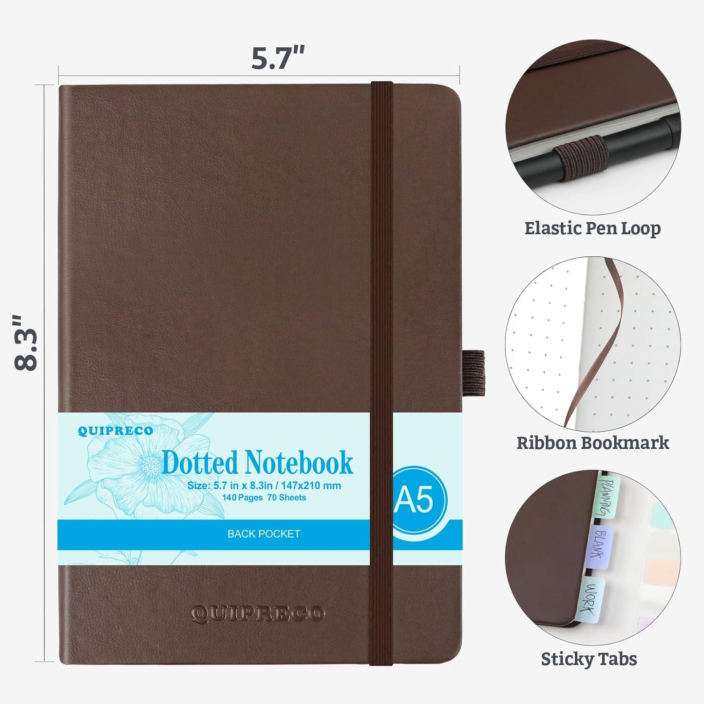 Bullet Dotted Hardcover Journal Notebook, A5 140 Pages 120Gsm Thick Paper for School,Note Taking,Work,Diary，5.7''*8.3'',Brown