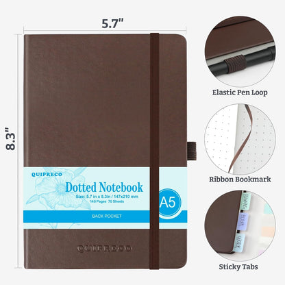 Bullet Dotted Hardcover Journal Notebook, A5 140 Pages 120Gsm Thick Paper for School,Note Taking,Work,Diary，5.7''*8.3'',Brown