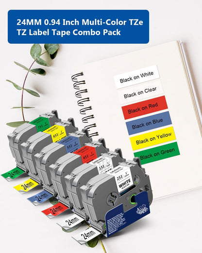 6-Pack TZe 24mm 0.94" Laminated Compatible for P Touch 1 Inch TZ Label Tape TZe-151 251 451 551 651 751 for Ptouch PT-D600 P700D 410 D610BT P710BT, Clear/White/Red/Blue/Yellow/Green