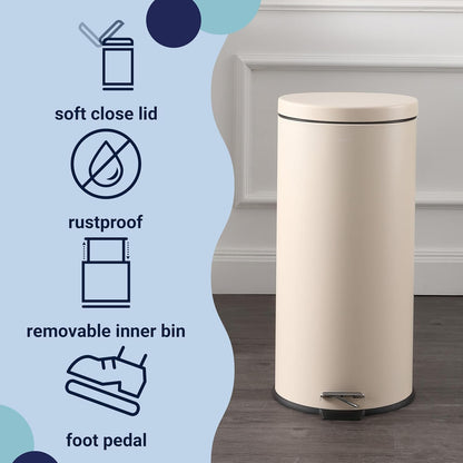 happimess HPM1000E Oscar 8-Gallon Step-Open Trash Can with Free Mini Trash Can, Modern, Fingerprint Proof for Home, Kitchen, Office, Large:7.9 Gallon Small:1.3 Gallon, Limestone Beige