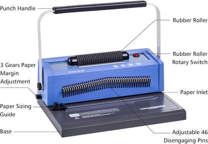 TIANSE Spiral Coil Binding Machine, Manual Book Maker Punch Binder with Electric Coil Inserter, Disengaging pins, Adjustable Side Margin, Comes with 100pcs 5/16'' Plastic Coil Binding Spines & Plier