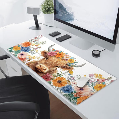 Aesthetic Highland Cow Gaming Mouse Pad XXL Cow Print Blue Orange Floral Extended Large Mat Mousepad Desk Pad Non-Slip Rubber Base Stitched Edge Flower Keyboard Pad Playmat for Computer,35.4×15.7 in
