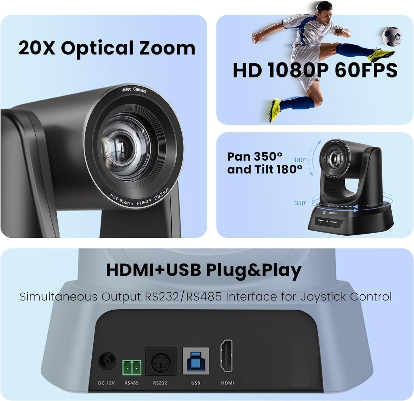Conference Room PTZ Camera System with 20X Optical Zoom | 1080P 60fps HDMI USB Webcam for Church Streaming Online Video Conference| Compatible with Zoom, OBS | Easy Setup